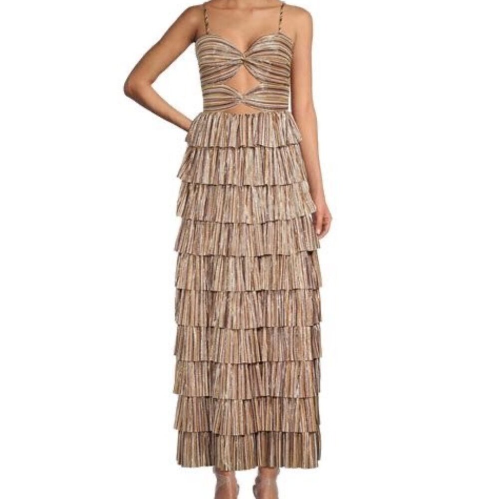 Gianni Bini Grace Metallic Plisse Sweetheart Neck Cut-Out Tiered Dress
